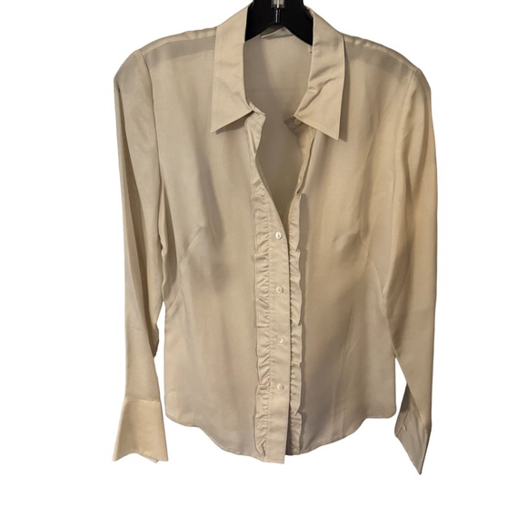 Banana Republic 100% SILK Button Up Blouse Taupe Ruffle Accent NWOT Sz S - Picture 1 of 12